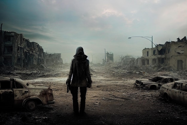 Um sobrevivente perseguidor em roupas de proteção e uma velha máscara de gás contra o pano de fundo apocalíptico.