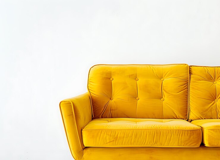 Foto um sofá amarelo com um fundo branco e um fundo branco