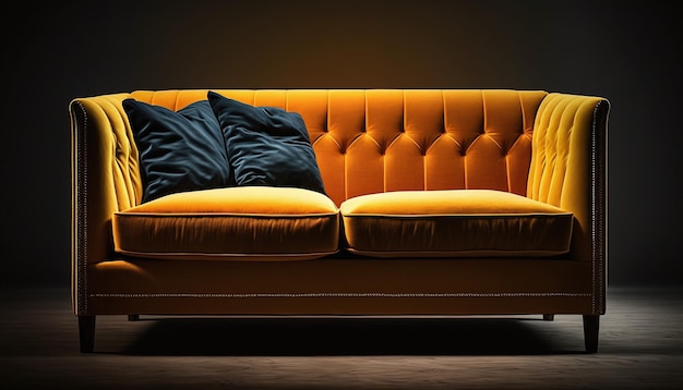 Um sofá amarelo com uma almofada azul