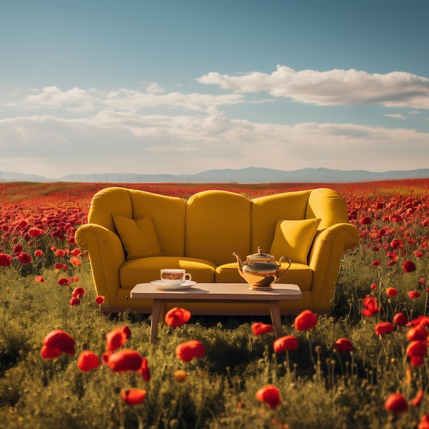 Um sofá amarelo e uma mesa com uma chávena de chá e uma chaleira em um campo de papoulas descansar entre a beleza da natureza