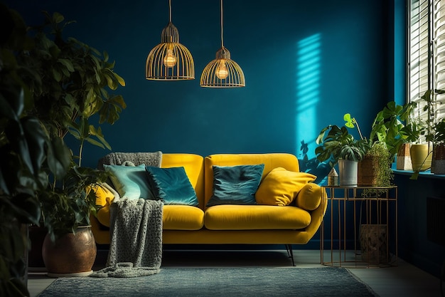 Um sofá amarelo em uma sala escura com um sofá amarelo e uma planta na parede.