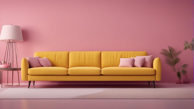 Um sofá amarelo hiper-realista com fundo de parede rosa 8k