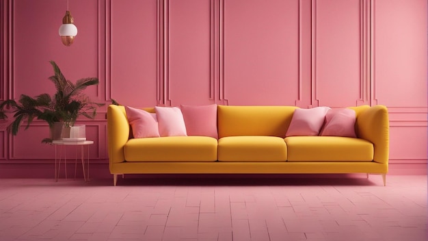 Um sofá amarelo hiper-realista com fundo de parede rosa 8k