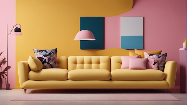 Um sofá amarelo hiper-realista com fundo de parede rosa 8k