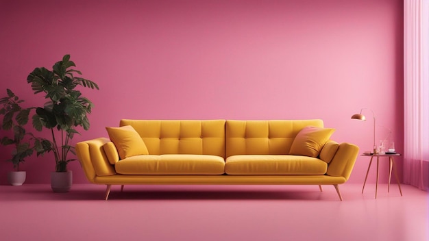 Um sofá amarelo hiper-realista com fundo de parede rosa 8k