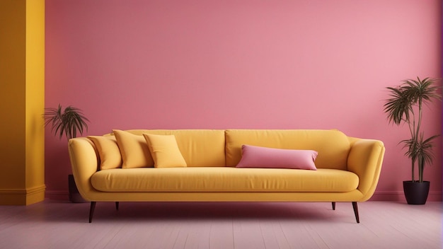 Um sofá amarelo hiper-realista com fundo de parede rosa 8k