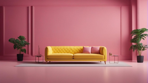 Um sofá amarelo hiper-realista com fundo de parede rosa 8k