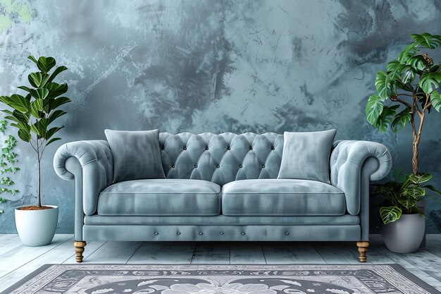 Um sofá azul com travesseiros senta-se na frente de uma parede com uma planta