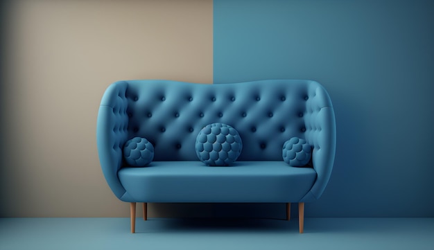 Um sofá azul com uma almofada na frente