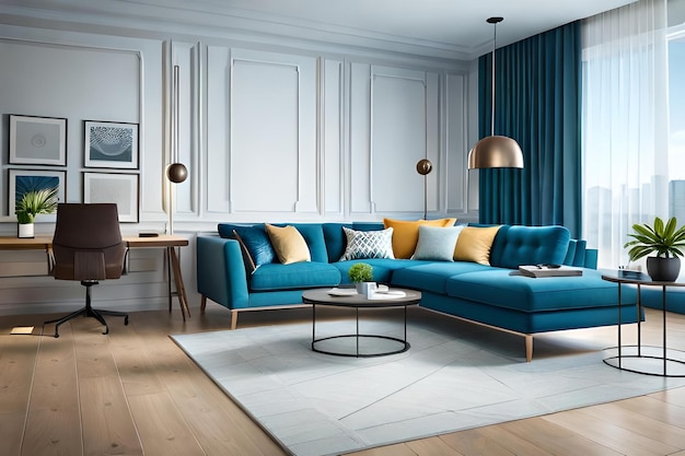 Um sofá azul com uma mesa de centro e uma mesa de centro.
