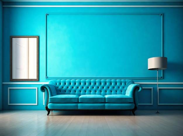Um sofá azul repousa ao lado de uma tela em branco considerável, oferecendo um espaço sereno para a criatividade se desdobrar contra o potencial artístico