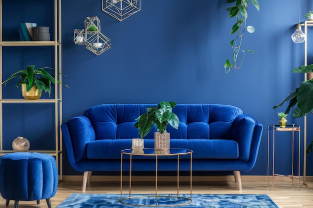 Foto um sofá azul senta-se na frente de uma mesa de café de vidro com uma planta em vaso nele