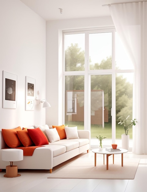 Um sofá branco com almofadas laranja em uma sala com janelas Generative AI