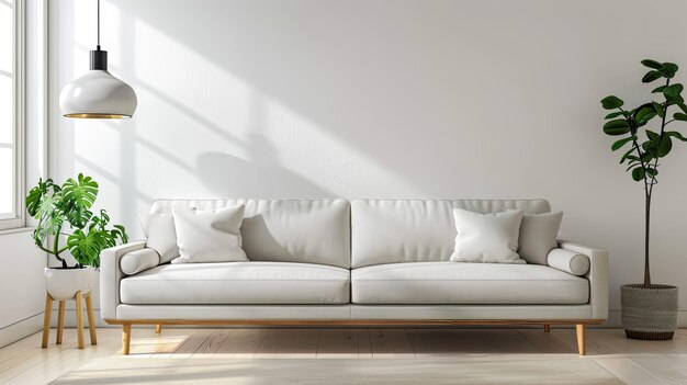 Foto um sofá branco com travesseiros e uma parede branca atrás dele