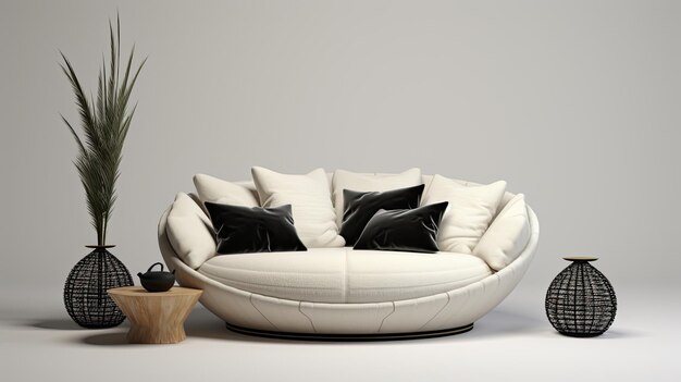 um sofá branco de malha arredondado curvo com sotaques pretos com almofadas de malha para maior conforto