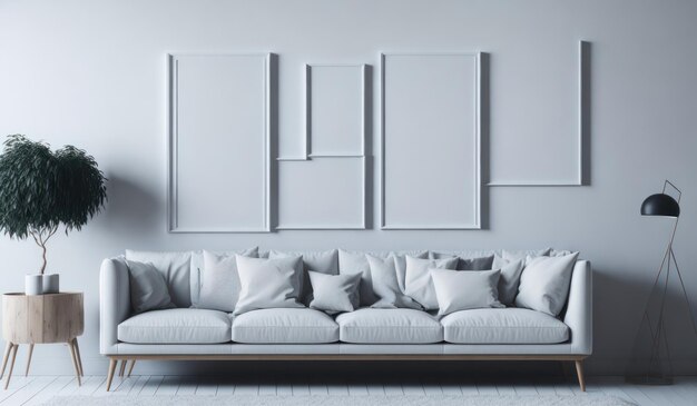 Um sofá branco em uma sala de estar com três quadros na parede.