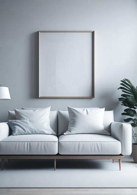 Um sofá branco em uma sala de estar com um grande porta-retrato acima dele.