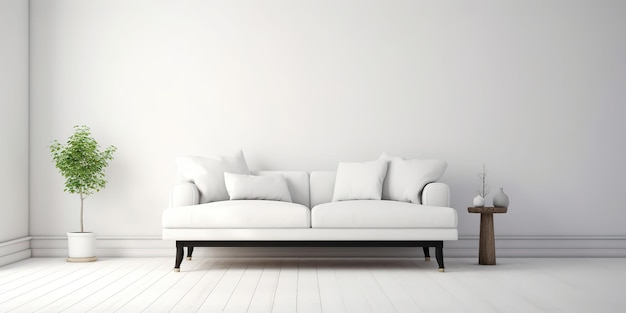 Um sofá branco em uma sala de estar com uma floreira de madeira ao lado.