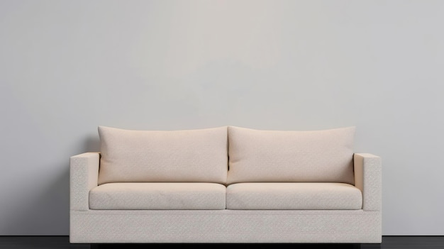 Um sofá branco moderno contra uma parede cinza minimalista em uma sala de estar contemporânea