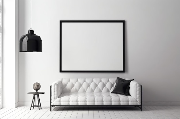 Um sofá branco numa sala de estar com um candeeiro preto e um candeeiro preto.