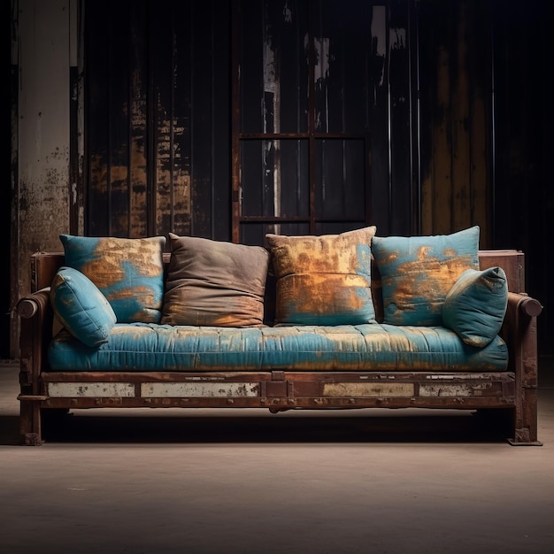 Um sofá-cama vintage com charme rústico em turquesa clara e índigo escuro.