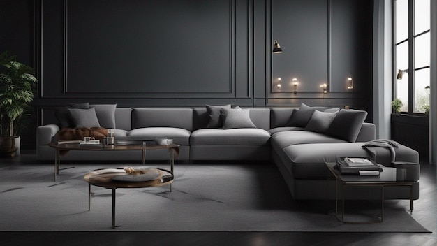 Um sofá cinza hiper-realista com fundo de parede preta 8k