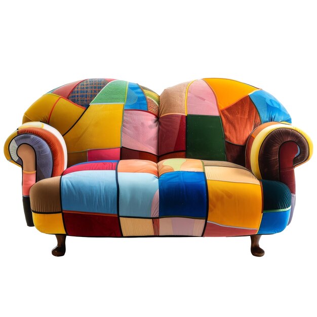 um sofá colorido com um padrão colorido na parte de trás