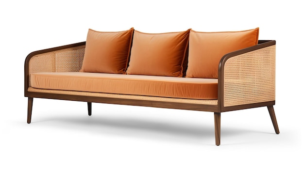 Um sofá com almofadas laranja e uma moldura de madeira no fundo branco
