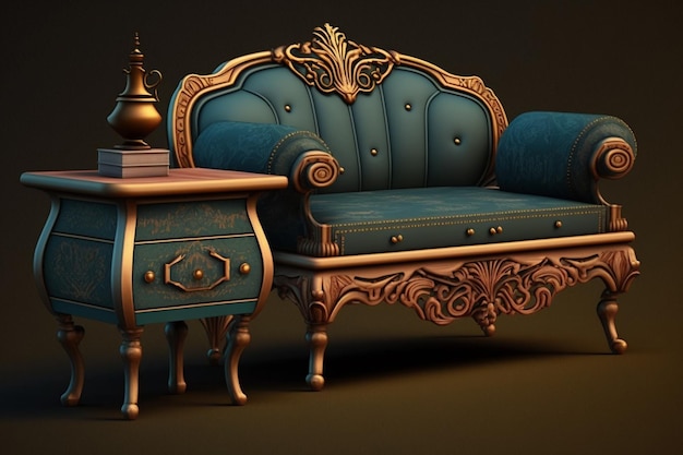 Um sofá com detalhes em azul e dourado e uma mesa lateral.