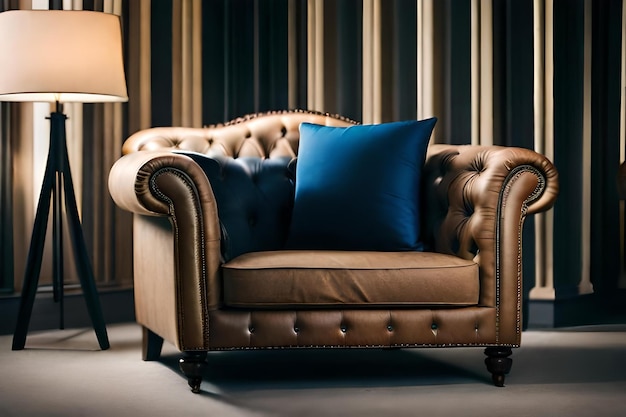 Um sofá de couro com um travesseiro azul nas costas.