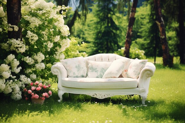 Um sofá de luxo confortável no meio de um jardim verde em um dia de verão