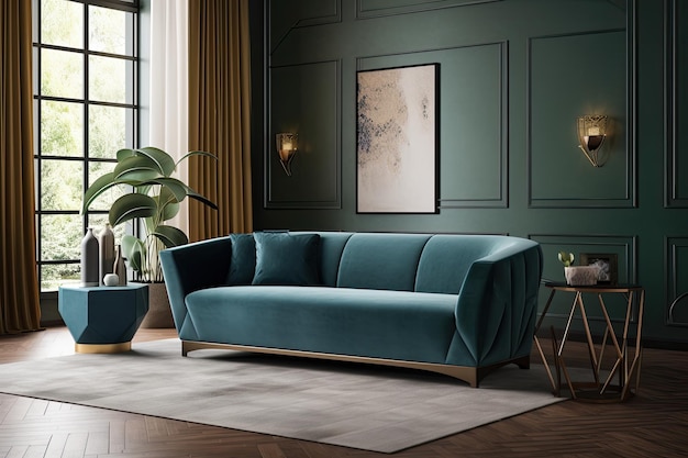 Um sofá elegante e moderno com linhas angulares em estilo art déco