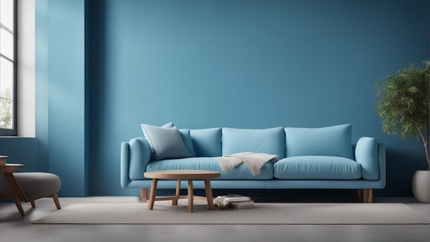 Um sofá hiper-realista azul celeste com fundo de parede azul claro 8k