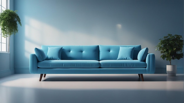 Um sofá hiper-realista azul celeste com fundo de parede azul claro 8k