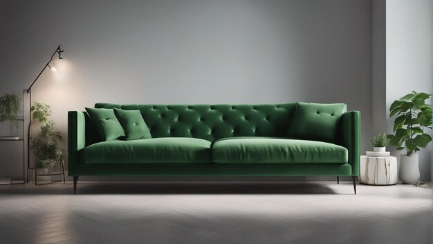 Um sofá hiper-realista verde-céu com fundo de parede verde claro 8k