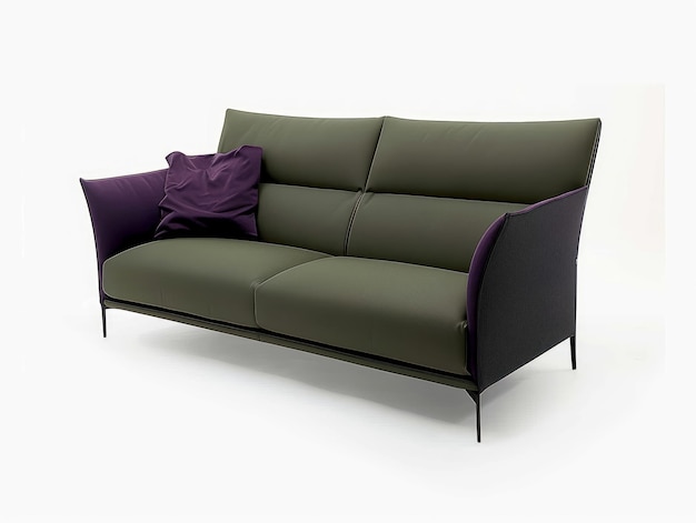 Um sofá moderno com um tecido cinzento e uma estrutura metálica