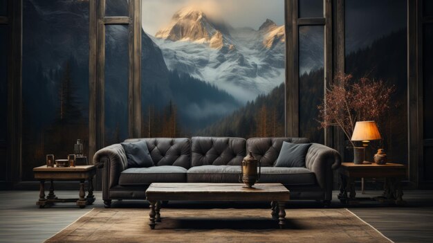 um sofá numa sala com vista para a montanha