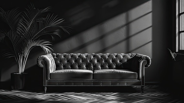 Um sofá preto iluminado pela janela em uma sala preta