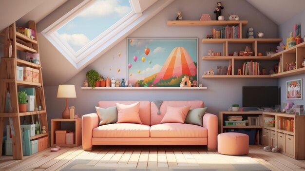 Um sofá rosa aconchegante em um quarto de criança com um mural de montanha e muitos brinquedos