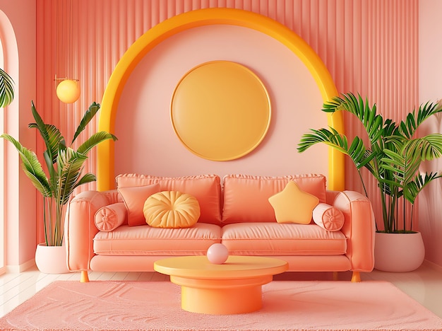 um sofá rosa com um círculo amarelo em cima dele