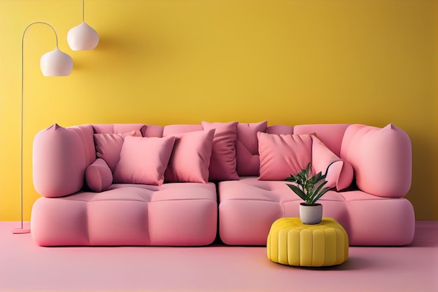 Um sofá rosa com um vaso de plantas amarelo