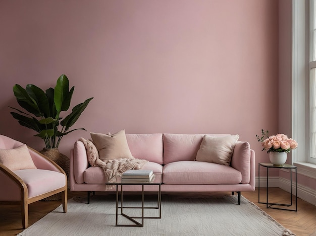 Um sofá rosa com uma almofada de lançamento