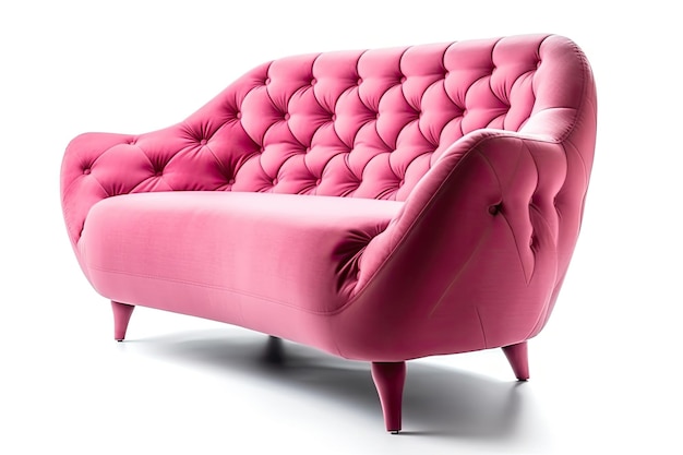 Um sofá rosa com uma almofada rosa fica na frente de um fundo branco.