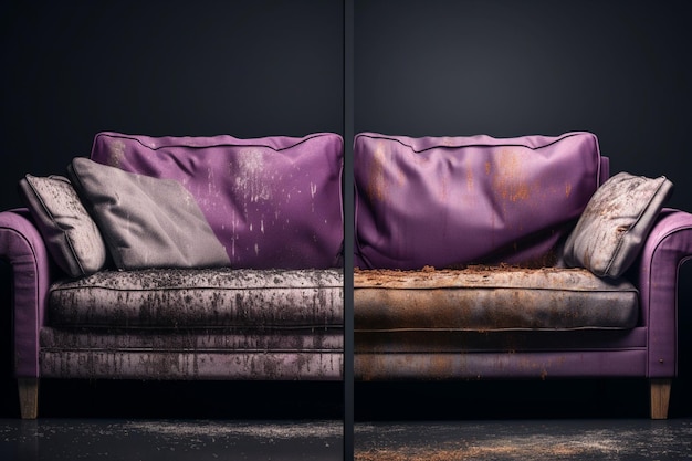 Um sofá roxo com uma capa enferrujada e um espelho atrás dele.