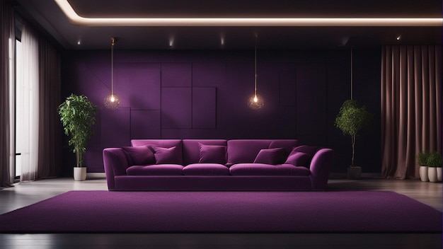 Um sofá roxo hiper-realista com fundo de parede preta 8k