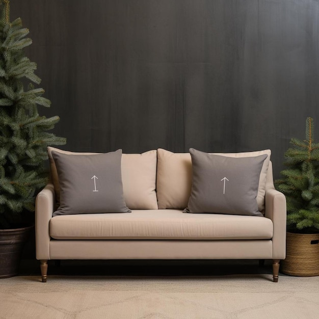 Foto um sofá sentado ao lado de uma árvore de natal