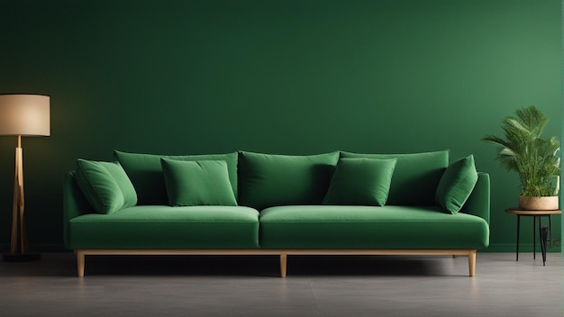 Um sofá verde hiper realista com fundo de parede verde claro 8k