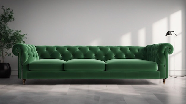 Um sofá verde hiper-realista com fundo de parede verde claro 8k