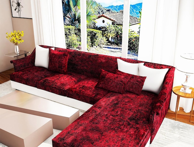 Um sofá vermelho com almofadas brancas e um tapete branco com uma montanha ao fundo.