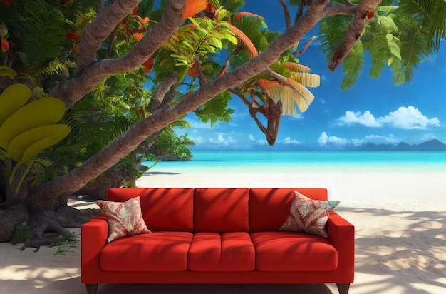 Um sofá vermelho em pé contra o fundo de uma praia de areia ao lado do oceano com palmeiras Generative AI